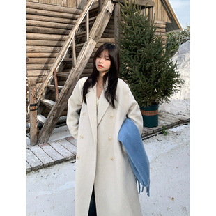 Adan 韩系宽松气质羊毛手工毛呢外套女 双排扣双面呢大衣2025冬季