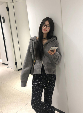 Adan羊毛连帽毛衣2024秋冬加厚保暖宽松休闲慵懒短款内搭针织衫女