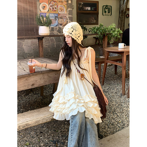 Adan 木耳边棉麻感吊带夏季甜美绑带宽松显瘦设计感连衣裙上衣女