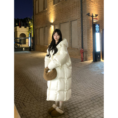 Adan新国标90白鸭绒珠光白连帽羽绒服冬季韩系加厚保暖长款外套女