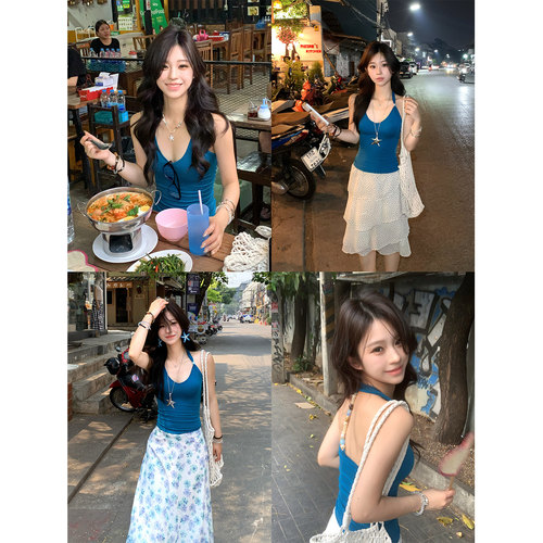 Adan湖蓝色串珠背心2026夏季韩系显瘦显白挂脖莱赛尔设计感吊带女