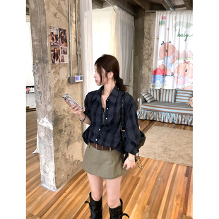 DDang 藏青色格纹衬衫秋季复古韩系慵懒休闲通勤百搭长袖上衣女