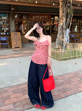 Adan 红色格纹不规则吊带上衣夏季新款收腰设计感飘带短款背心女