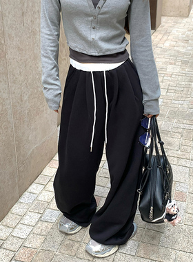 Adan拼色卫裤秋季韩版通勤百搭宽松显瘦高腰休闲松弛抽绳阔腿裤女