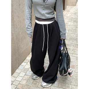 通勤百搭宽松显瘦高腰休闲松弛抽绳阔腿裤 韩版 女 秋季 Adan拼色卫裤