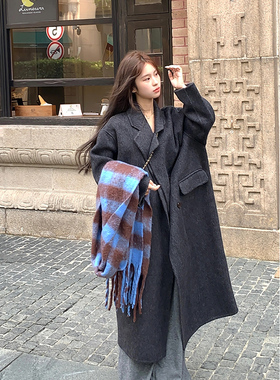 Adan 双排扣羊毛手工大衣冬季宽松双面呢西装领中长款毛呢外套女