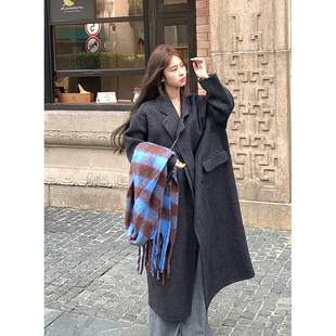 领中长款 宽松双面呢西装 毛呢外套女 双排扣羊毛手工大衣冬季 Adan