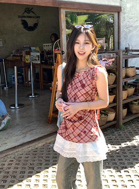 Adan格纹挂脖绑带上衣甜美收腰显瘦显白设计感蕾丝花边连衣裙女夏