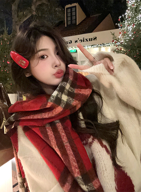 Adan 圣诞新年红色格纹围巾冬季韩版加大加厚保暖情侣围脖披肩女