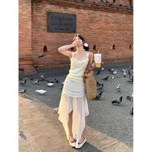 A字裙女 高腰显瘦百搭设计感中长款 Adan蕾丝拼接雪纺半裙夏季 新款