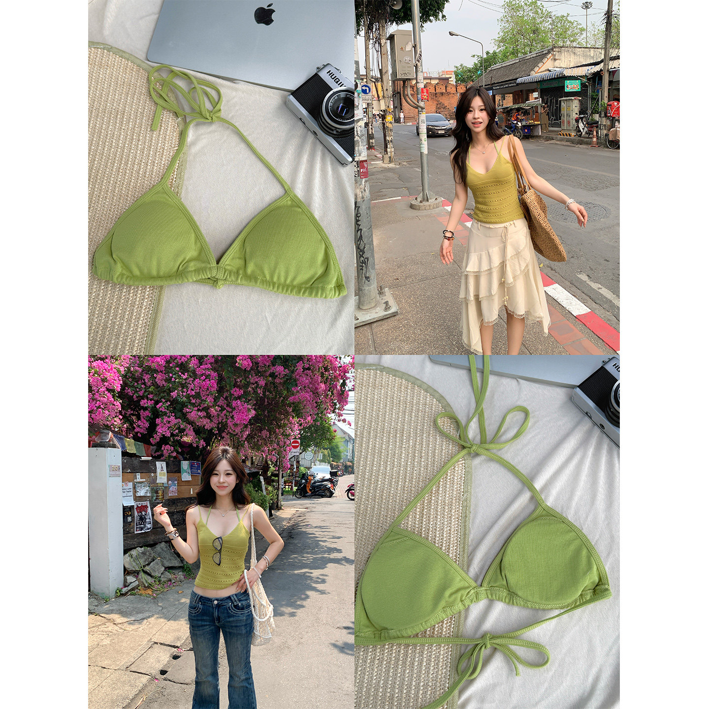 Adan果绿色三角内衣吊带夏季百搭绑带挂脖性感叠穿内搭上衣背心女