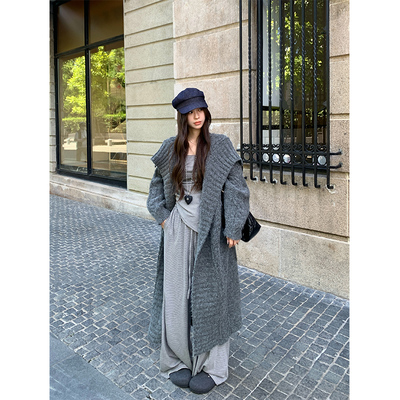 Adan慵懒粗线大翻领毛衣秋季韩系宽松慵懒加厚保暖羊毛开衫外套女