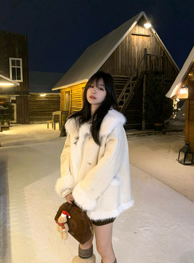 Adan大翻领麂皮毛毛外套韩系宽松百搭气质设计感皮毛一体夹克女冬