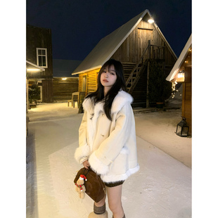 Adan大翻领麂皮毛毛外套韩系宽松百搭气质设计感皮毛一体夹克女冬