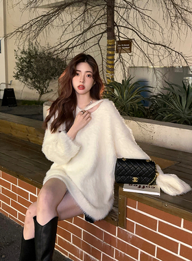 Adan仿水貂毛毛衣2024韩版宽松V领显瘦气质温柔设计感长袖上衣女