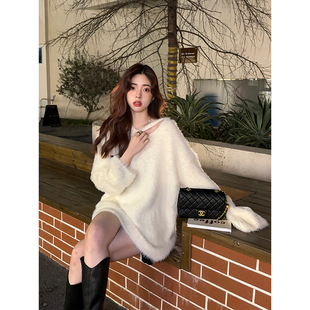 Adan仿水貂毛毛衣2024韩版 上衣女 宽松V领显瘦气质温柔设计感长袖