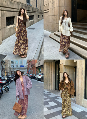 Adan蕾丝荷叶边连衣裙秋季复古气质修身显瘦百搭A字长款吊带裙女