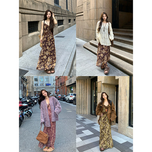 吊带裙女 显瘦百搭A字长款 Adan蕾丝荷叶边连衣裙秋季 复古气质修身