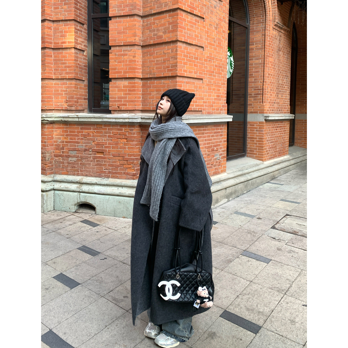 Adan双色立领长款双面呢大衣冬季复古韩系宽松休闲百搭羊毛外套女