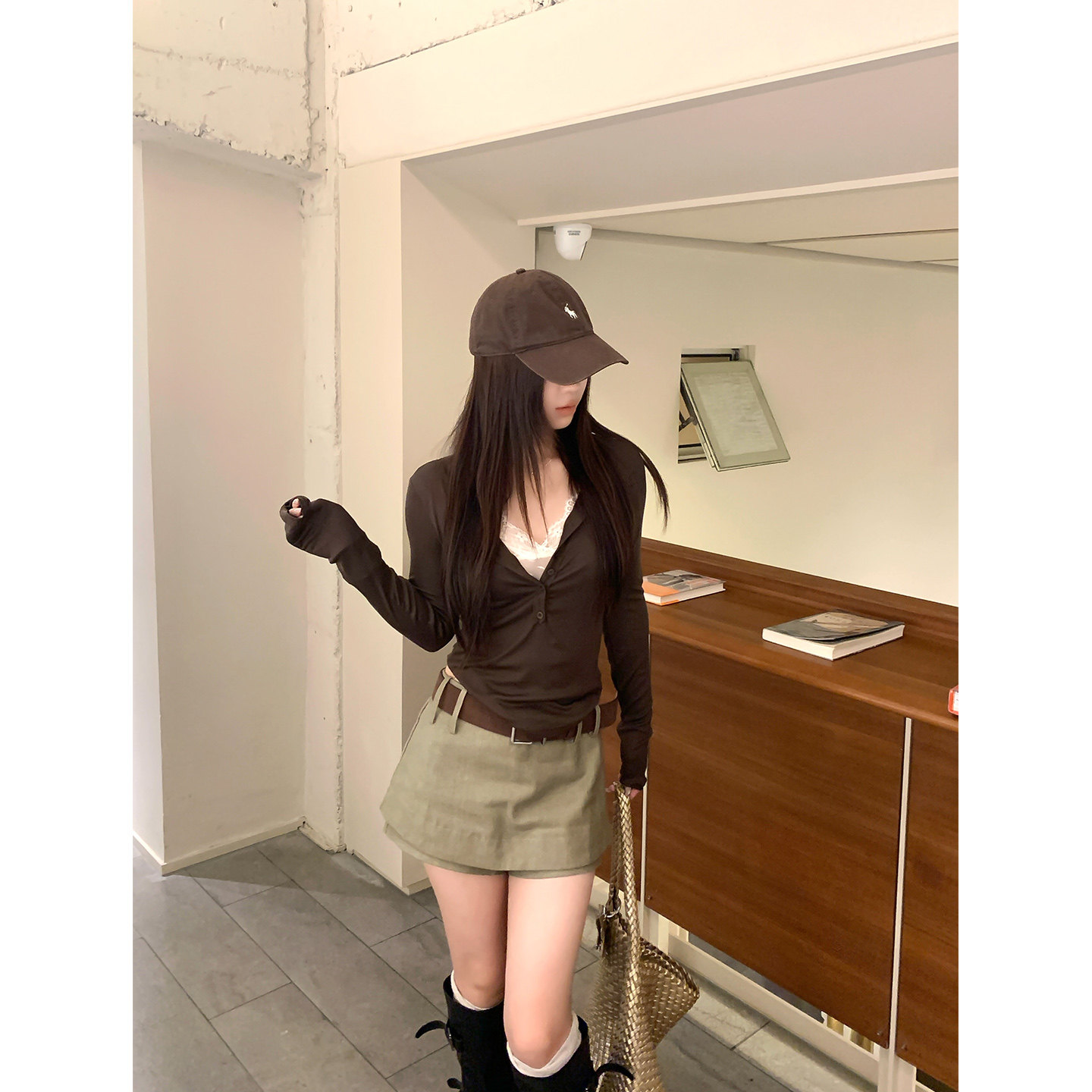 DDang 假两件拼接蕾丝打底衫秋季韩系纯欲风莱赛尔长袖内搭上衣女