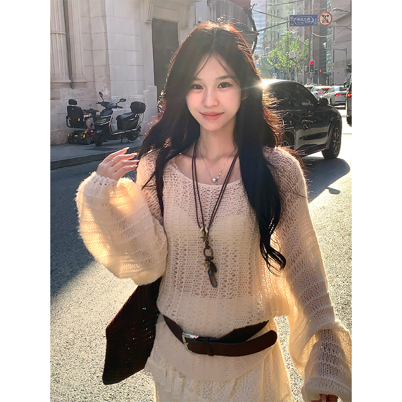 Adan 镂空慵懒毛衣秋季韩系宽松显瘦百搭软糯羊毛针织内搭上衣女