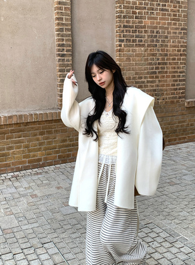 Adan连帽短款手工大衣冬季韩系复古气质百搭休闲双面呢羊毛外套女