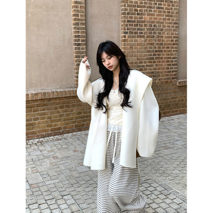 Adan连帽短款 韩系复古气质百搭休闲双面呢羊毛外套女 手工大衣冬季