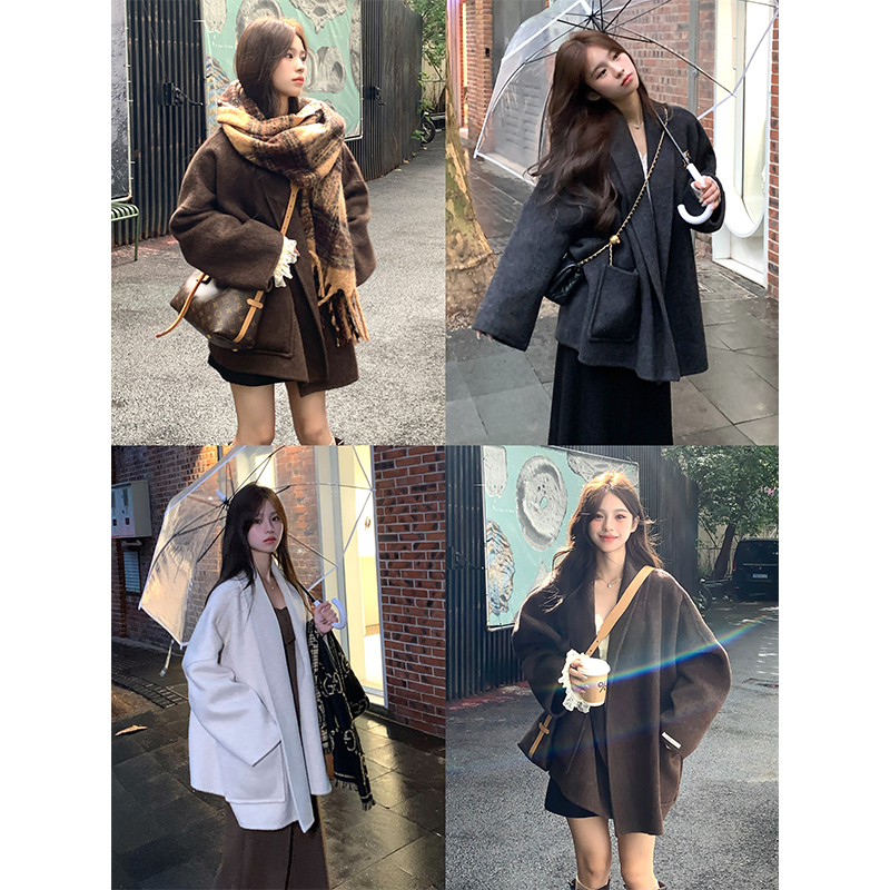 Adan 青果领双面呢大衣2024冬季宽松气质百搭短款毛呢羊毛外套女