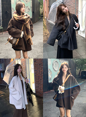 Adan 青果领双面呢大衣2024冬季宽松气质百搭短款毛呢羊毛外套女