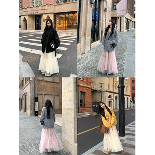 Adan蓬蓬纱裙秋季 半身裙女 韩系甜美气质温柔飘逸设计感A字中长款