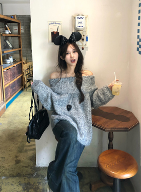 Adan一字领露肩粗线毛衣秋季韩系宽松慵懒软糯加厚羊毛针织上衣女