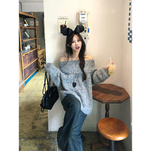 Adan一字领露肩粗线毛衣秋季 韩系宽松慵懒软糯加厚羊毛针织上衣女
