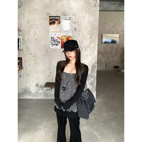 DDang杂色花边吊带套装秋季韩系复古宽松显瘦上衣黑色短款开衫女