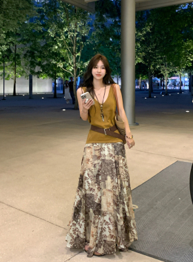 Adan印花复古半身裙夏季复古气质高腰显瘦百搭长款雪纺A字伞裙女