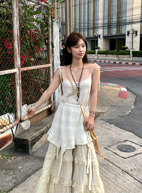 Adan 杏色镂空不规则吊带夏季韩系宽松显瘦设计感无袖内搭背心女