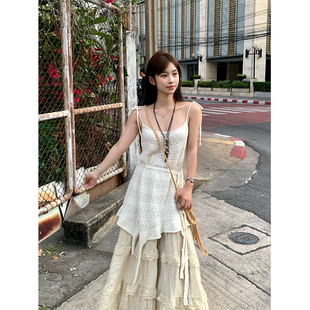 Adan 杏色镂空不规则吊带夏季韩系宽松显瘦设计感无袖内搭背心女