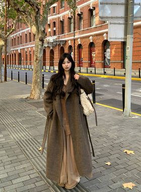 Adan立领咖色双面呢大衣冬季韩系复古气质宽松百搭长款羊毛外套女