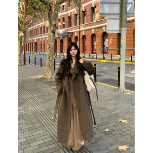 Adan立领咖色双面呢大衣冬季 羊毛外套女 韩系复古气质宽松百搭长款