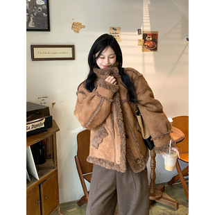Adan立领麂皮羊羔毛外套冬季新款韩系复古宽松休闲皮毛一体棉服女