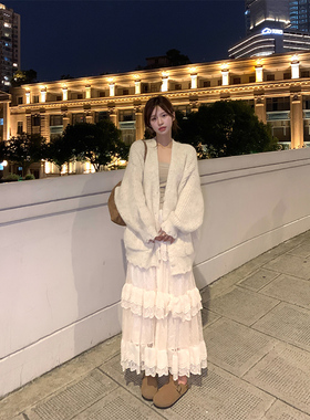 Adan 温柔蕾丝蛋糕半身裙春秋韩版高腰百搭设计感中长款A字裙女