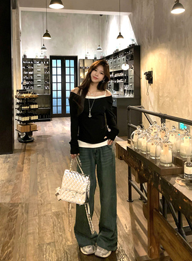 Adan 复古水洗蓝阔腿裤秋季美式宽松显瘦中低腰百搭拖地直筒裤女