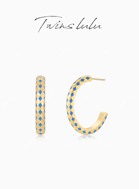 TWINS LULU时尚百搭简约精致C形菱格纹蓝色耳环TSL2741女神节礼物