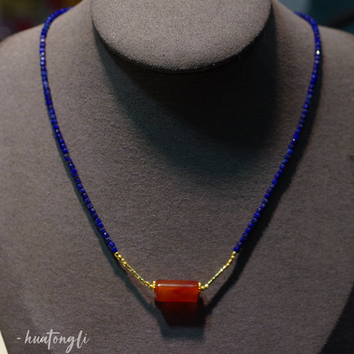 幽兰影 青金方糖红玛瑙项链925纯银镀金串女锁骨链复古颈链