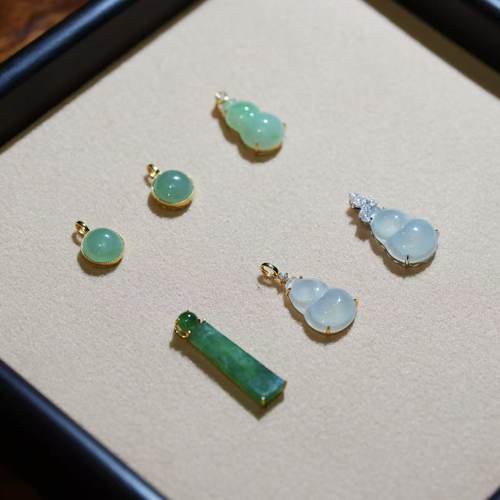 花桐里 天然翡翠18k金镶嵌冰透葫芦吊坠白玉无相佛绿无事牌吊坠