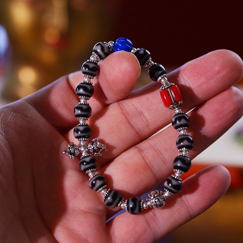 花桐里 加加天珠降魔杵红塑料青金南瓜珠S925纯银手串