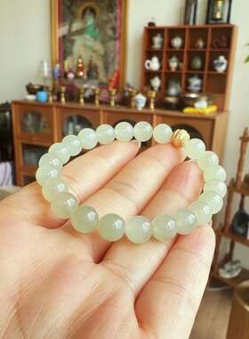 【花桐里· 】青海晴水和田玉料 起荧光 8mm 纯银镀金配饰