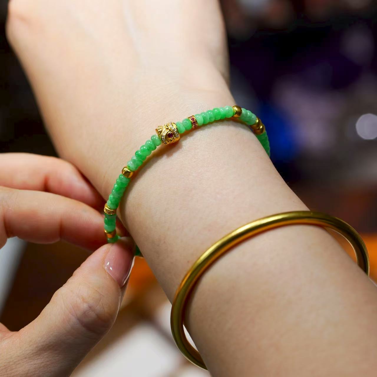 花桐里  天然翡翠算盘珠足金醒狮高端diy手串