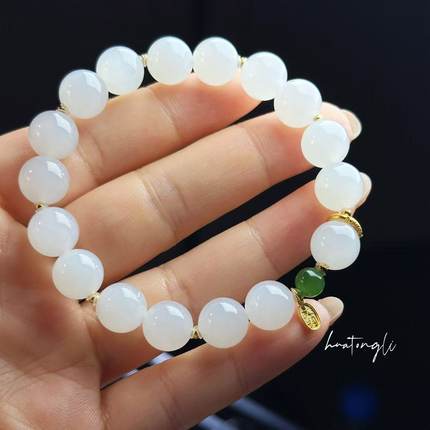 花桐里  《雪间春》天然白玉18K金大吉手串DIY手串