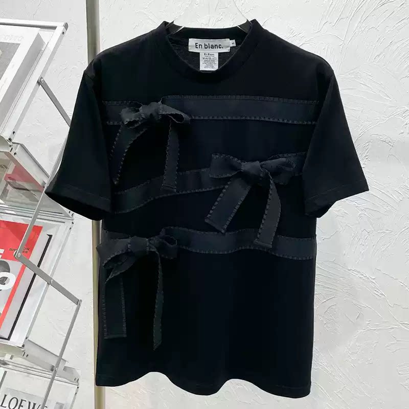 Enblanc小众设计品牌T恤女夏蝴蝶结立体装饰短袖高端品质黑色上衣