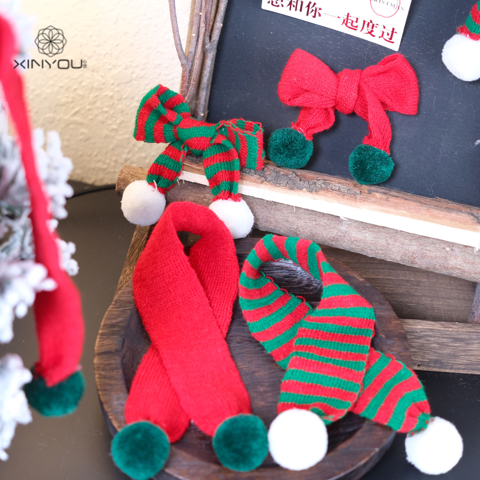 心悠圣诞节4cm红绿红色宽围巾